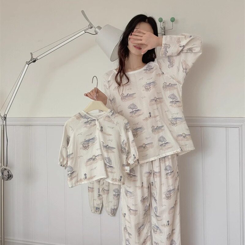 亲子款 儿童竹棉双层纱夏季薄款长袖长裤家居服 成人空调房睡衣
