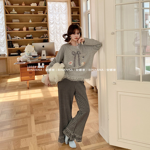 睡衣女款春秋季2025新款长袖纯棉蝴蝶结格子长裤春秋款套装家居服