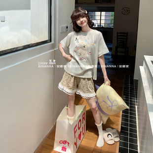 缤安娜家居服睡衣女款2025新款夏季短袖动漫薄款丝光纯棉夏款套装