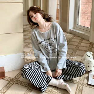 带胸垫睡衣女款春秋季2025新款长袖圆领慵懒纯棉套装春秋款家居服