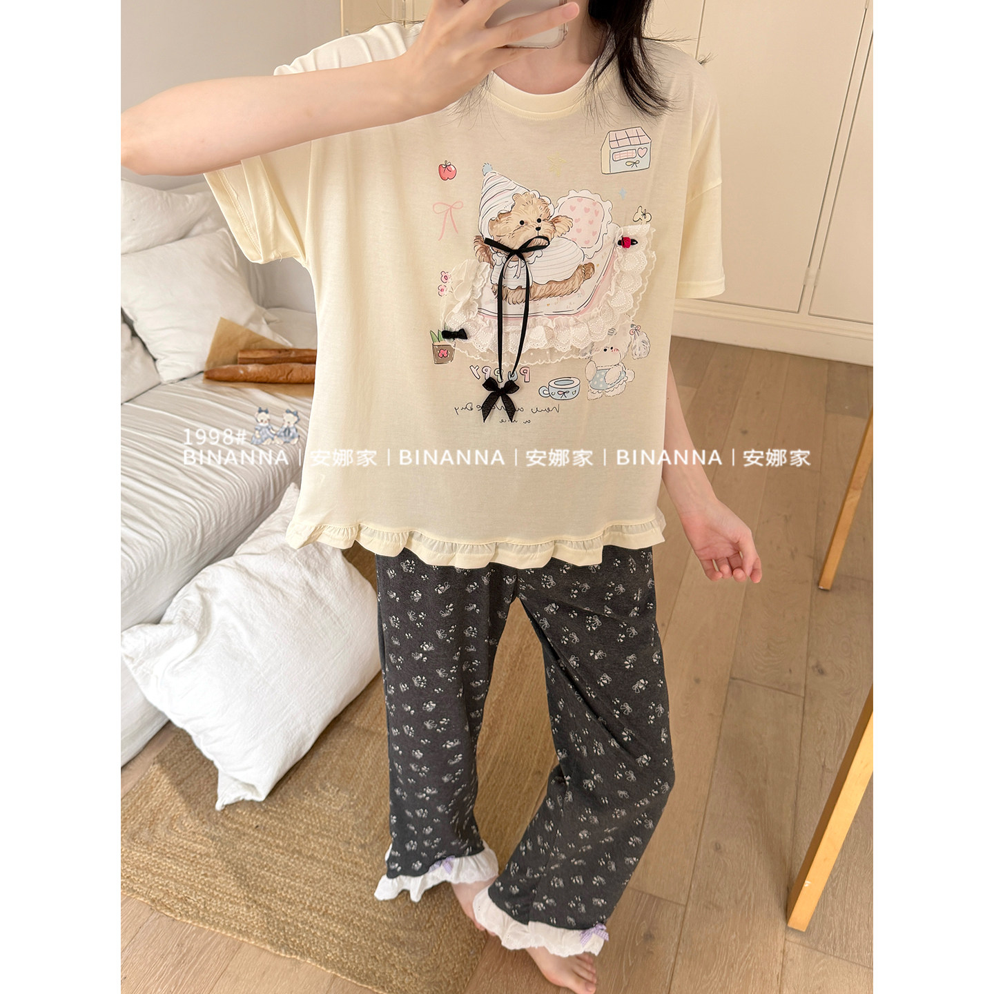 夏季卡通可爱印花针织棉睡衣套装图片