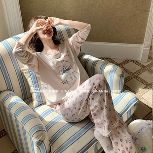 睡衣女款春秋季2025新款长袖小狗蕾丝款纯棉长裤套装春秋款家居服