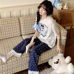短袖 2025新款 家居服夏款 睡衣女款 套装 蝴蝶结女孩纯棉薄款 夏季 长裤