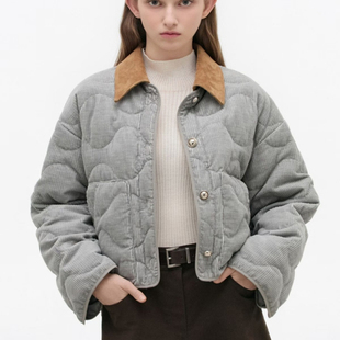 25年秋冬新款韩版厚实保暖拼接撞色鹿皮绒翻领葫芦纹条绒羽绒服