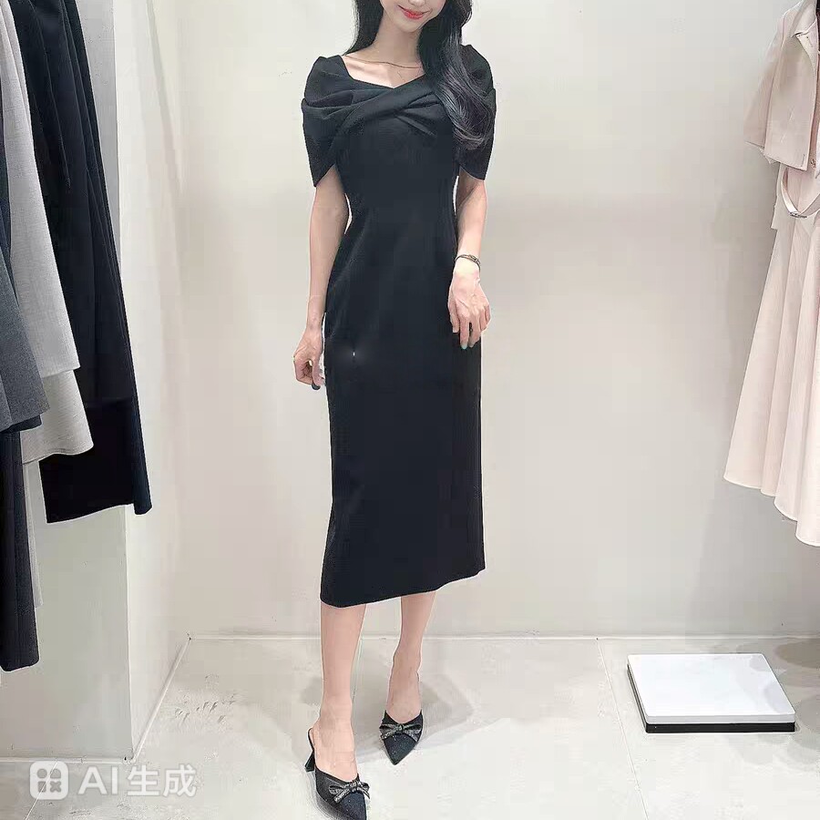 26年夏季新款韩版名媛宴会性感大蝴蝶结包胸设计显瘦短袖连衣裙女