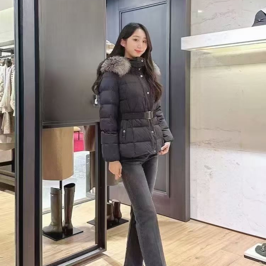 25年冬季新款韩版时尚百搭保暖舒适狐狸毛领连帽拉链羽绒服PD044