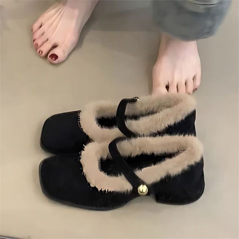 羊皮版~黑色气质粗跟玛丽珍女鞋方头防滑高跟保暖加绒毛毛单鞋女