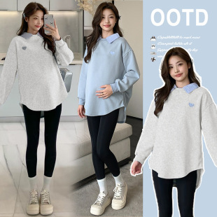 翻领孕妇秋冬装 孕妇装 卫衣孕期法式 假两件遮肚子不显怀长袖 潮 秋装