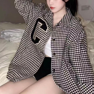千鸟格子小香风棒外套女春秋加绒百搭韩版 宽松小众高街夹克ins潮