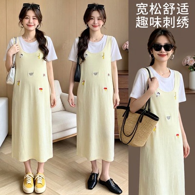 孕妇连衣裙夏季套装时尚假两件拼接刺绣宽松显瘦中长款短袖T恤裙