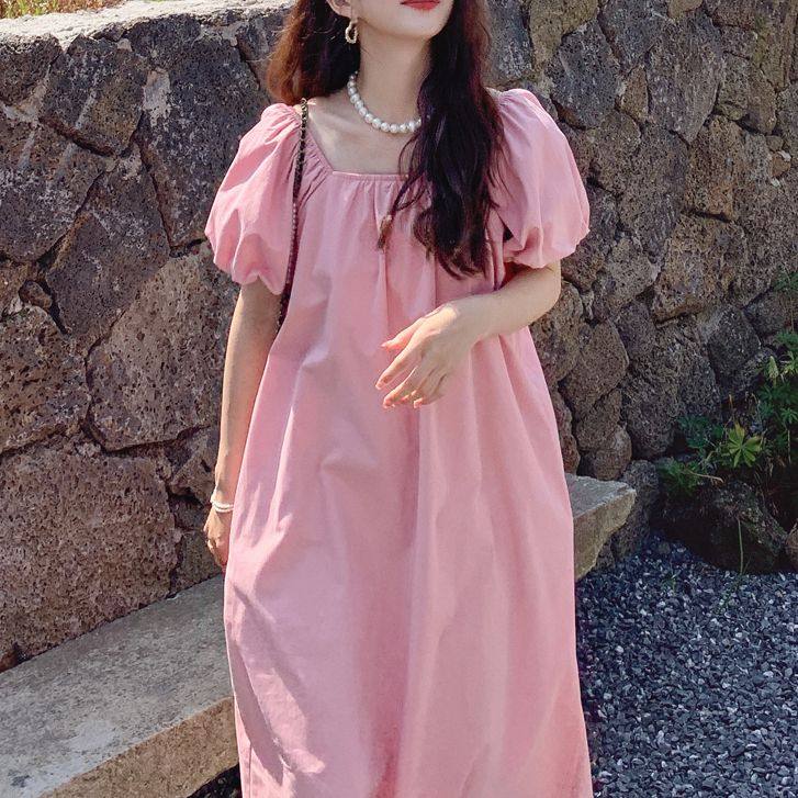 粉色初恋温柔风连衣裙女夏季新款韩版休闲泡泡袖小心机露背仙女裙