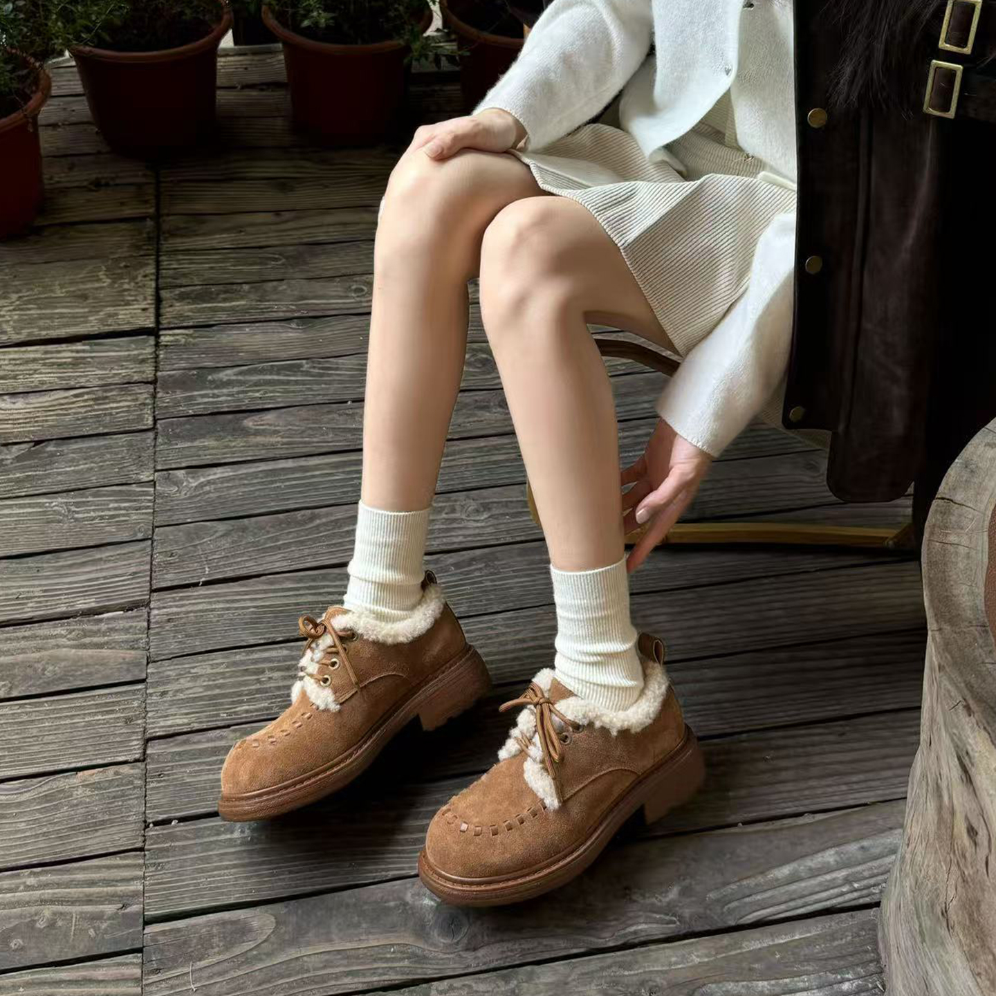 【小发喵】老钱风加绒毛毛鞋女冬季厚底系带勃肯鞋懒人鞋保暖鞋女