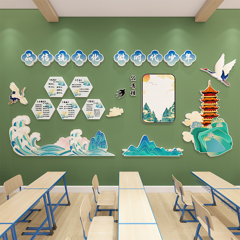 新中式黄鹤楼国风海浪鹤装饰背景班级文化黑板报装饰公告栏PVC