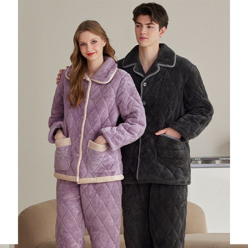 【三层夹棉抗静电】情侣睡衣冬季加厚加绒棉袄女可外穿家居服套装