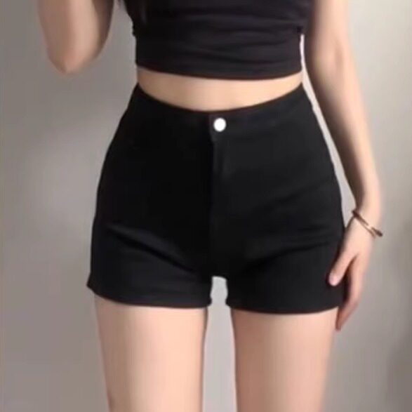 美式高腰辣妹黑色牛仔短裤女生夏季新款包臀紧身弹力A字修身短裤