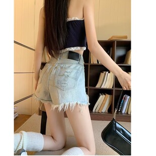 夏季美式浅色毛边牛仔短裤女生辣妹A字热裤小个子高腰显瘦阔腿潮
