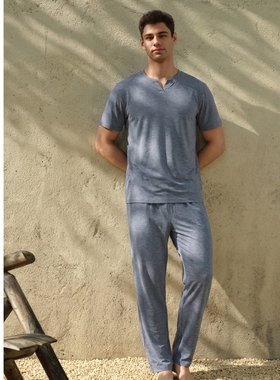 SCHIESSER舒雅男士轻薄柔软透气V领短袖长裤睡衣家居服套装26840H
