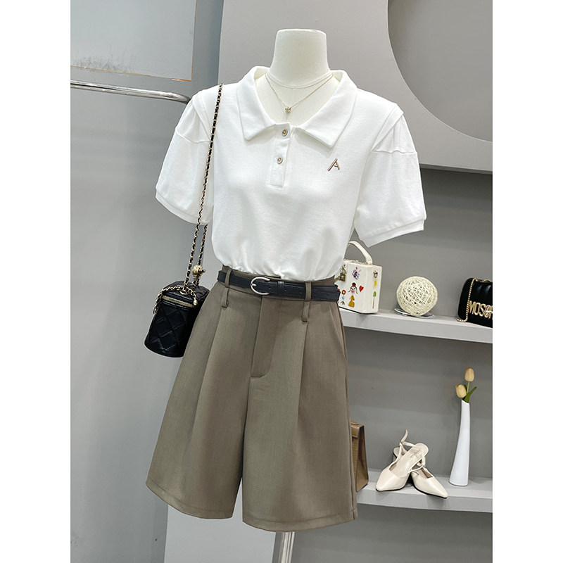 字母刺绣白色正肩短袖T恤女夏宽松遮肚显瘦POLO衫法式泡泡袖上衣