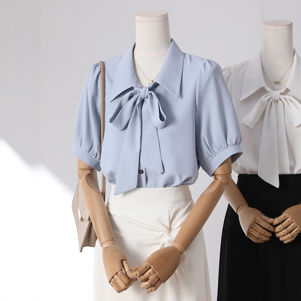 职业衬衫女短袖夏季泡泡袖蝴蝶结法式高级感温柔新款气质雪纺上衣