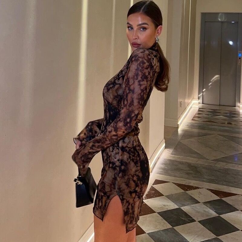 2023秋款亚马逊跨境外贸欧美风连衣裙女半高领印花长袖开叉包臀