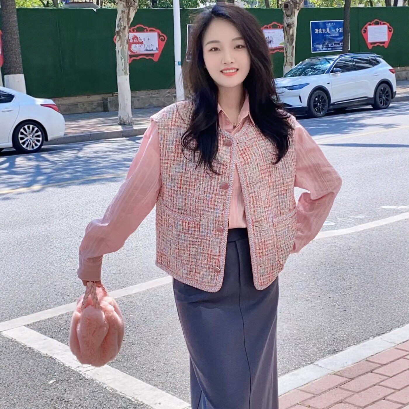 阿玛施正品牌2026春秋新款羊毛小香风圆领宽松无袖马甲外套女