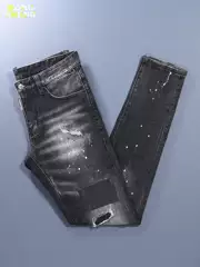 2026 New Black Jeans for Men, Trendy Brand, Slim Fit, Skinny, Stretchy, High-End, Ripped with Patches, Casual Long Pants