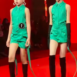 少儿童模特形体走秀潮服女童训练酷潮服T台服装绿色套装演出服