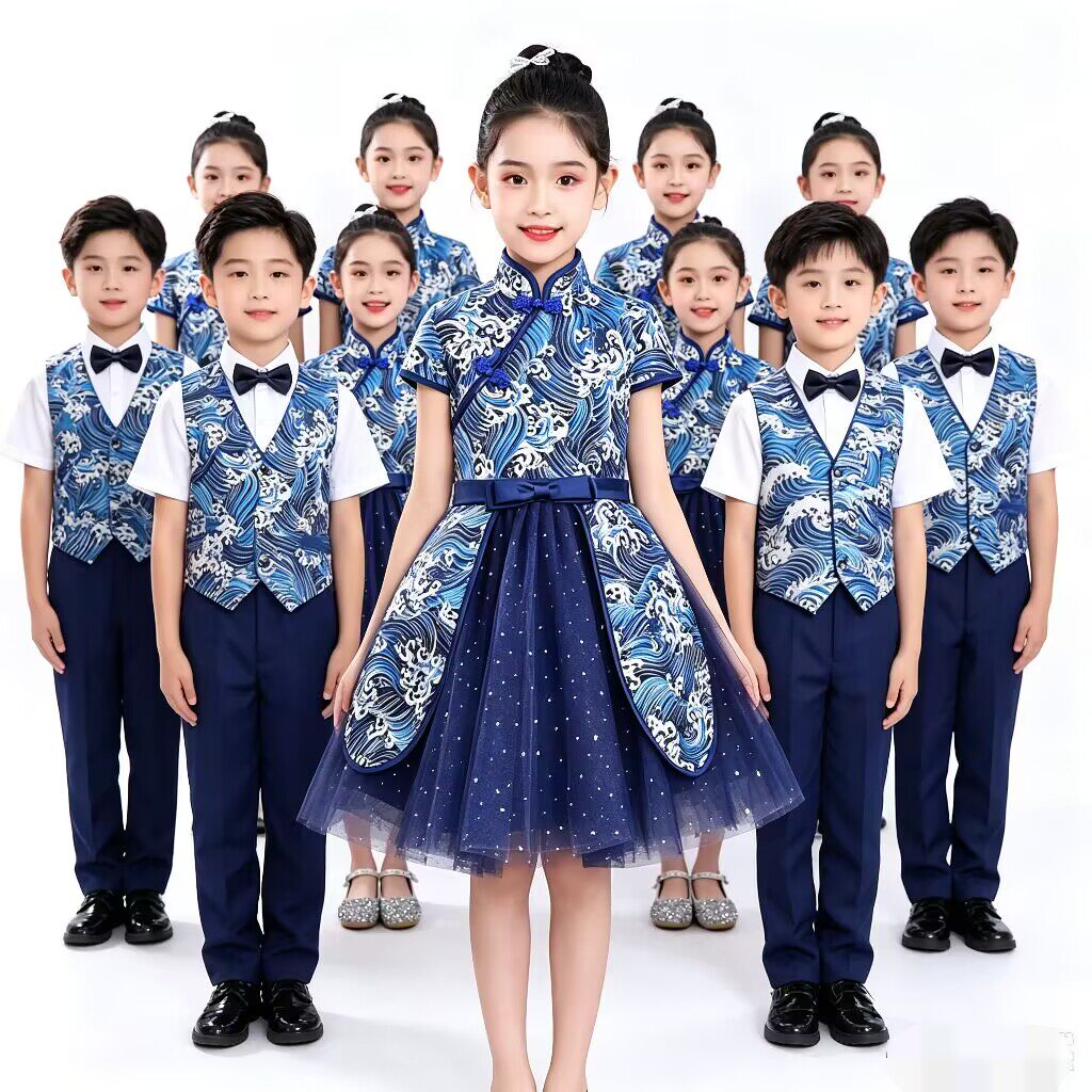儿童合唱演出服小学生朗诵表演服男女童中国风演讲比赛青花瓷礼服