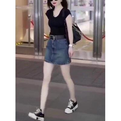 今年流行特惠66013大爱美依缘2025夏季新款黑色修身短袖T恤高腰