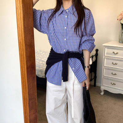 今年流行特惠韩版蓝色格子长袖衬衫女秋季2025新款慵懒宽松缪系