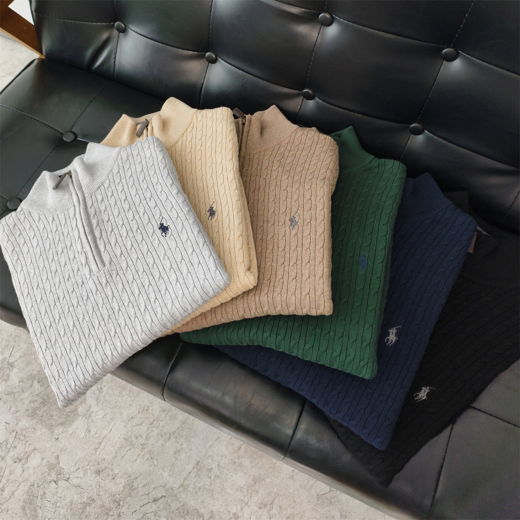 老钱风美式半拉链翻领马球刺绣针织衫男秋冬新款套头宽松毛衣长袖