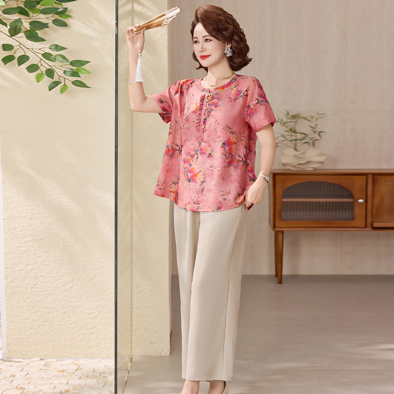 加大码妈妈装夏季短袖印花两件套