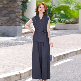 气质短袖V领套装中老年女夏装宽松显瘦收腰两件套妈妈装夏季洋气