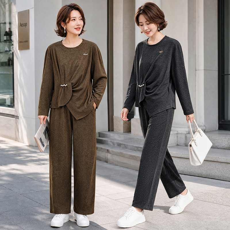 妈妈套装春秋洋气两件套50-60岁中老年女圆领扭结上衣阔腿裤套装