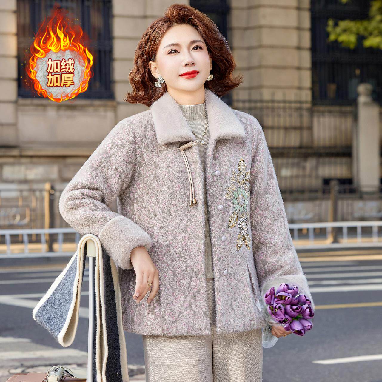 妈妈冬装加绒加厚新中式国风气质毛呢外套中老年女装秋冬季大衣服