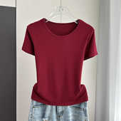 t恤白色圆领上衣潮 基础简约纯色体恤女正肩红色螺纹短袖 夏季 薄款