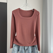 薄款 春秋冬季 显瘦秋衣螺纹U领上衣潮 T恤女内搭打底衫 正肩方领长袖