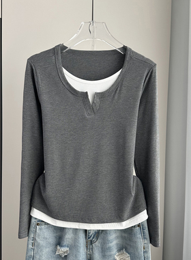 灰色假两件长袖打底衫女2025春秋款显瘦内搭遮肚子螺纹可外穿上衣