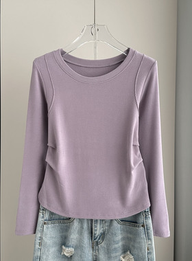 正肩紫色秋冬季螺纹打底衫女加厚显瘦圆领内搭遮肚子保暖长袖上衣