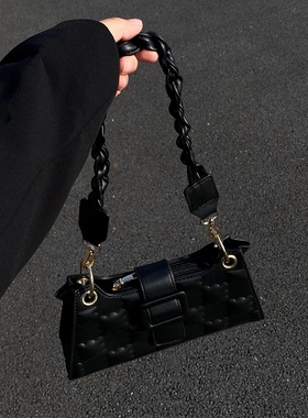 2025春夏季新款简约方块压花设计黑色单肩腋下包通勤斜挎手提包包