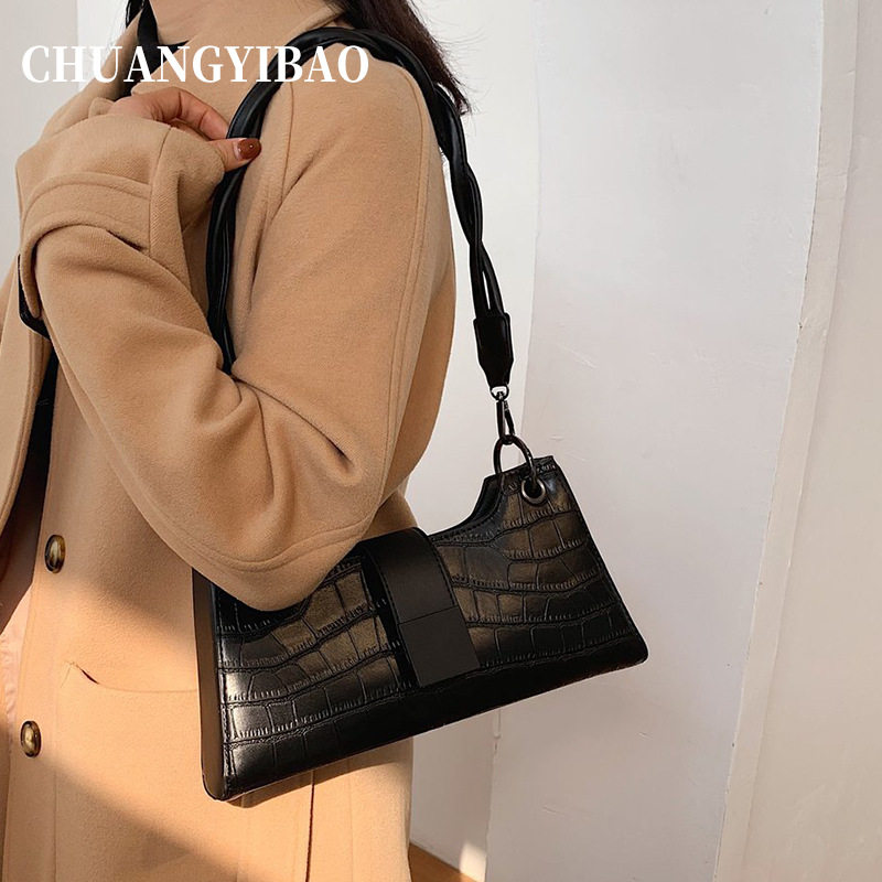 韩版个性鳄鱼纹复古腋下包女2026新款高级质感洋气单肩黑色法棍包,箱包皮具/热销女包/男包,腋下包,淘宝优惠券,粉丝福利购,淘宝优惠卷