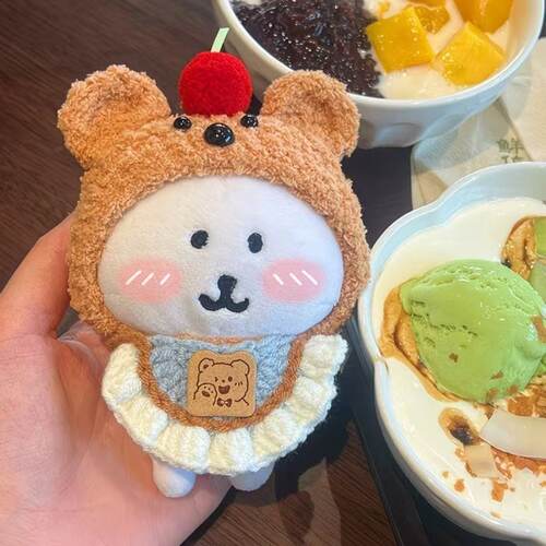 樱桃可可小熊饼dimoo可爱头套口水巾自嘲熊手工钩织毛绒棉花娃娃