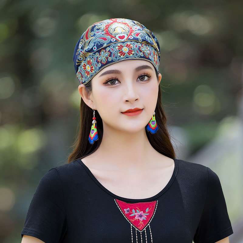 中国民族风帽子春秋复古休闲刺绣花头巾帽红色女士百搭棉麻帽子