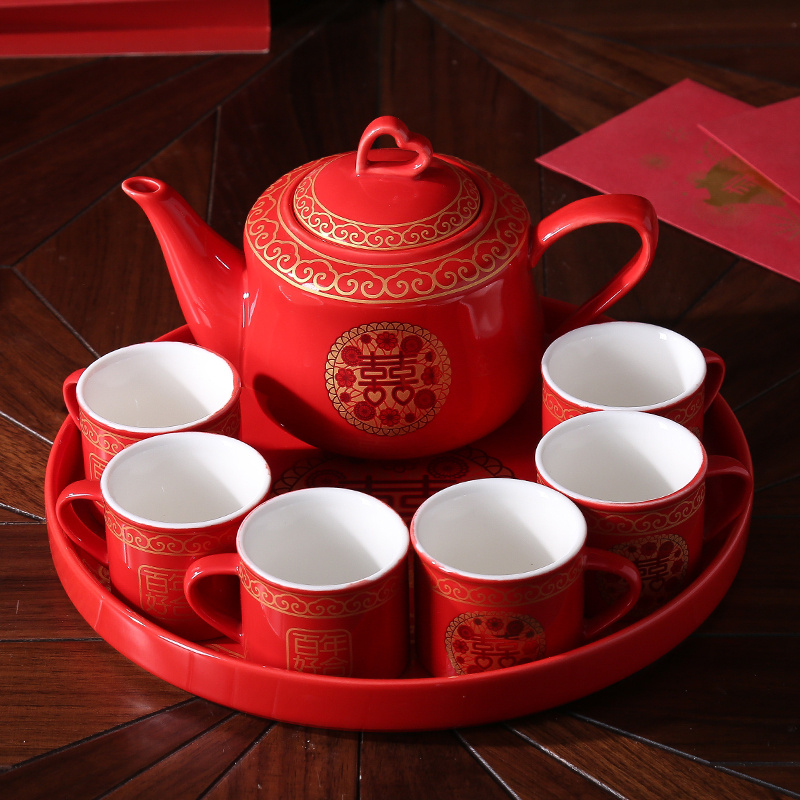 中国传统红色陶瓷结婚茶具套装创意婚庆用品长辈敬茶杯壶婚礼嫁妆