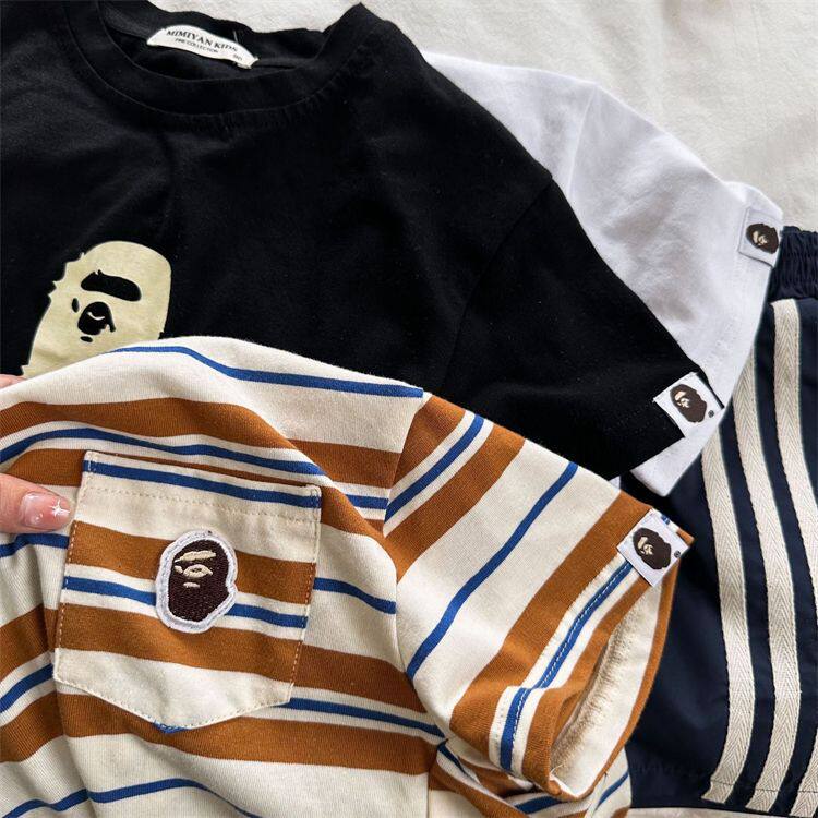 儿童短袖2026夏季新品男女童条纹印花短袖宝宝日系恤衫潮白色