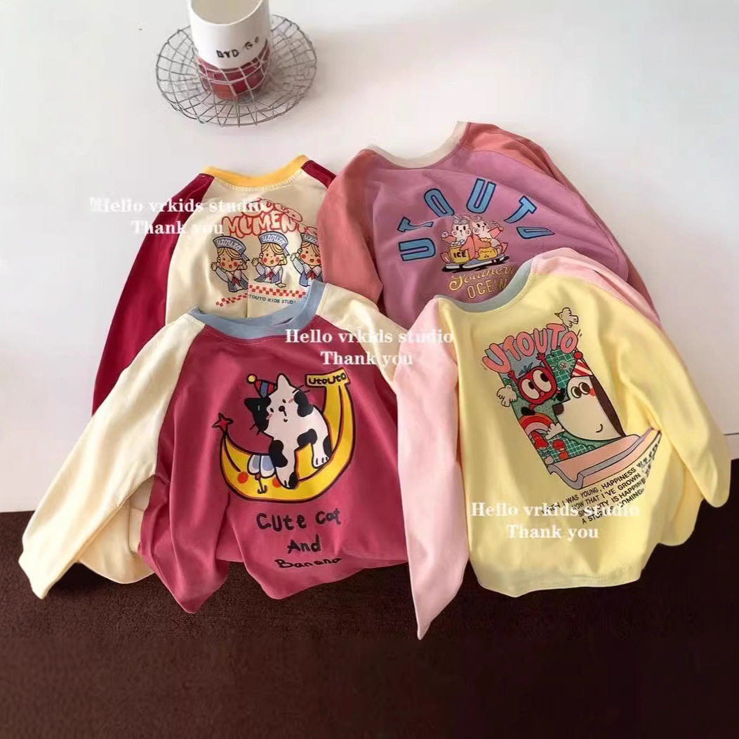 女童纯棉长袖卡通印花插肩袖T恤秋季新款韩版儿童圆领洋气上衣潮T