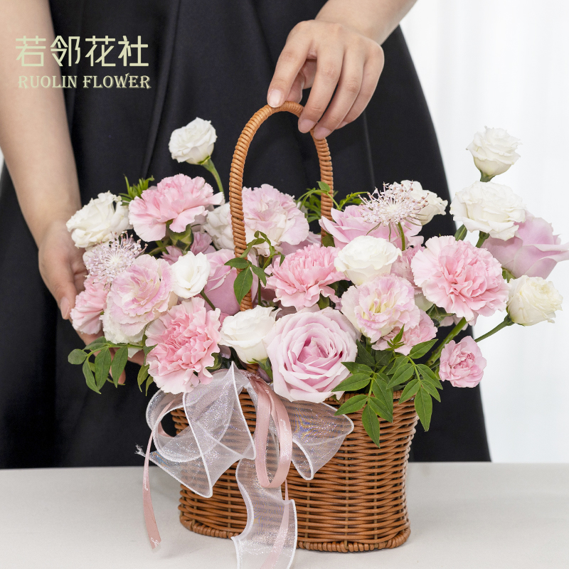 全国同城鲜花速递康乃馨玫瑰混搭手提花篮向日葵手提花束生日送花