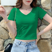 95棉短款 性感高腰露脐纯棉打底 修身 t恤女短袖 v领上衣女2024夏新款