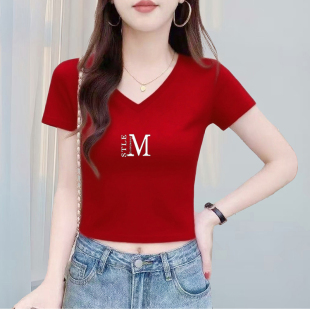 简约v领红色短袖女t恤夏季新款韩版修身高腰正肩小短款体恤上衣潮