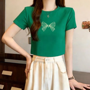 t恤女短款 修身 夏季 漂亮时尚 体恤上衣洋气减龄 新款 绿色正肩短袖